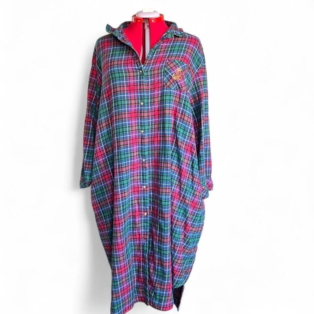 Lauren Ralph Lauren Christmas Red & Green Oversized Button Down Nightgown 3X